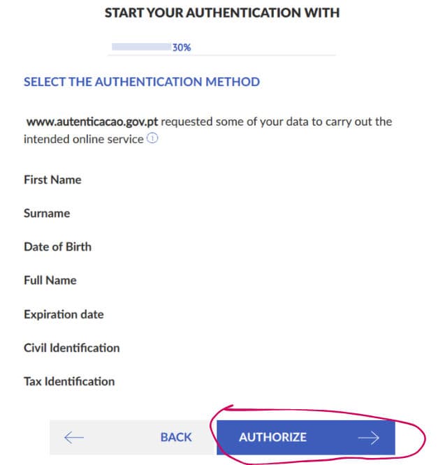 מסך הזדהות של Autenticação.gov עם כפתור AUTHORIZE מסומן