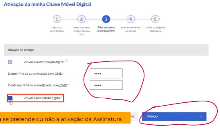 הגדרת PIN ל-CMD עם סימון Ativar a assinatura digital וכפתור AVANÇAR