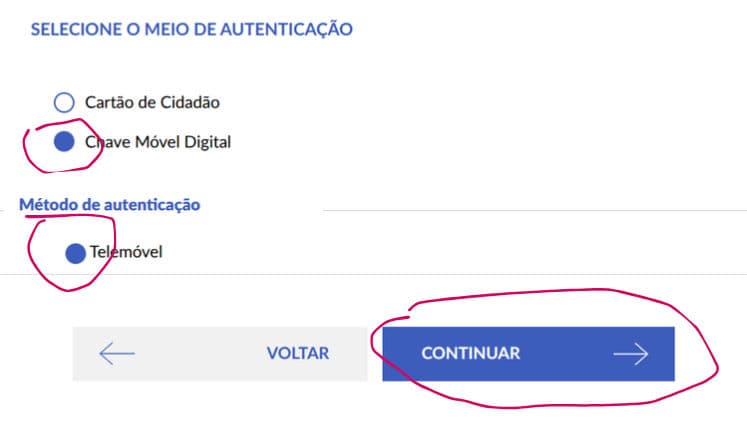 בחירת Chave Móvel Digital ו-Telemóvel עם כפתור CONTINUAR מסומן